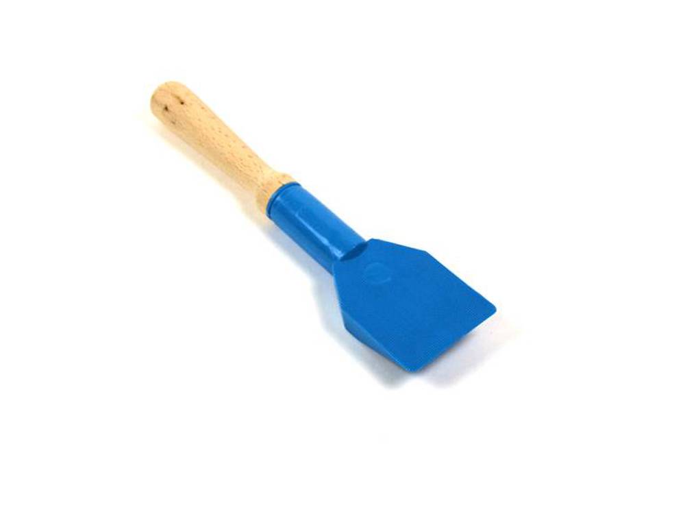 Plastic window scraper with wooden handle